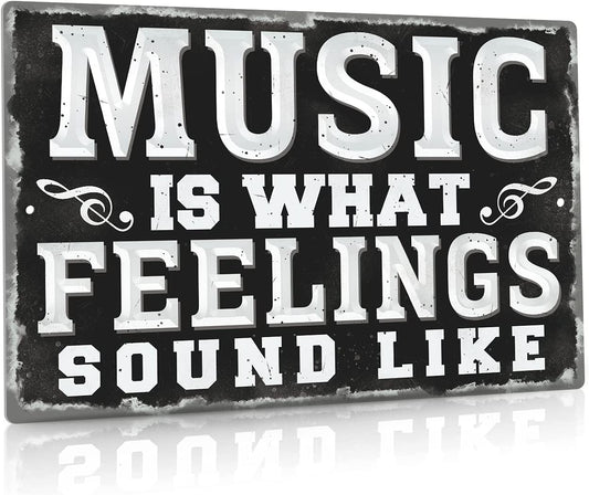 Metal Vintage Music Sign, Retro Wall Decor for Coffee Bar, Man Cave, Garage, 12X8 Inches Aluminum Sign (Music Is What Feelings Sound Like)
