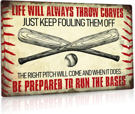 Baseball Sign, Vintage Rustic Wall Decoration Gift for Bathroom, Kitchen, Cafe, Garage, Life Will Always Throw Curves, 8X12 Inches Aluminum Metal